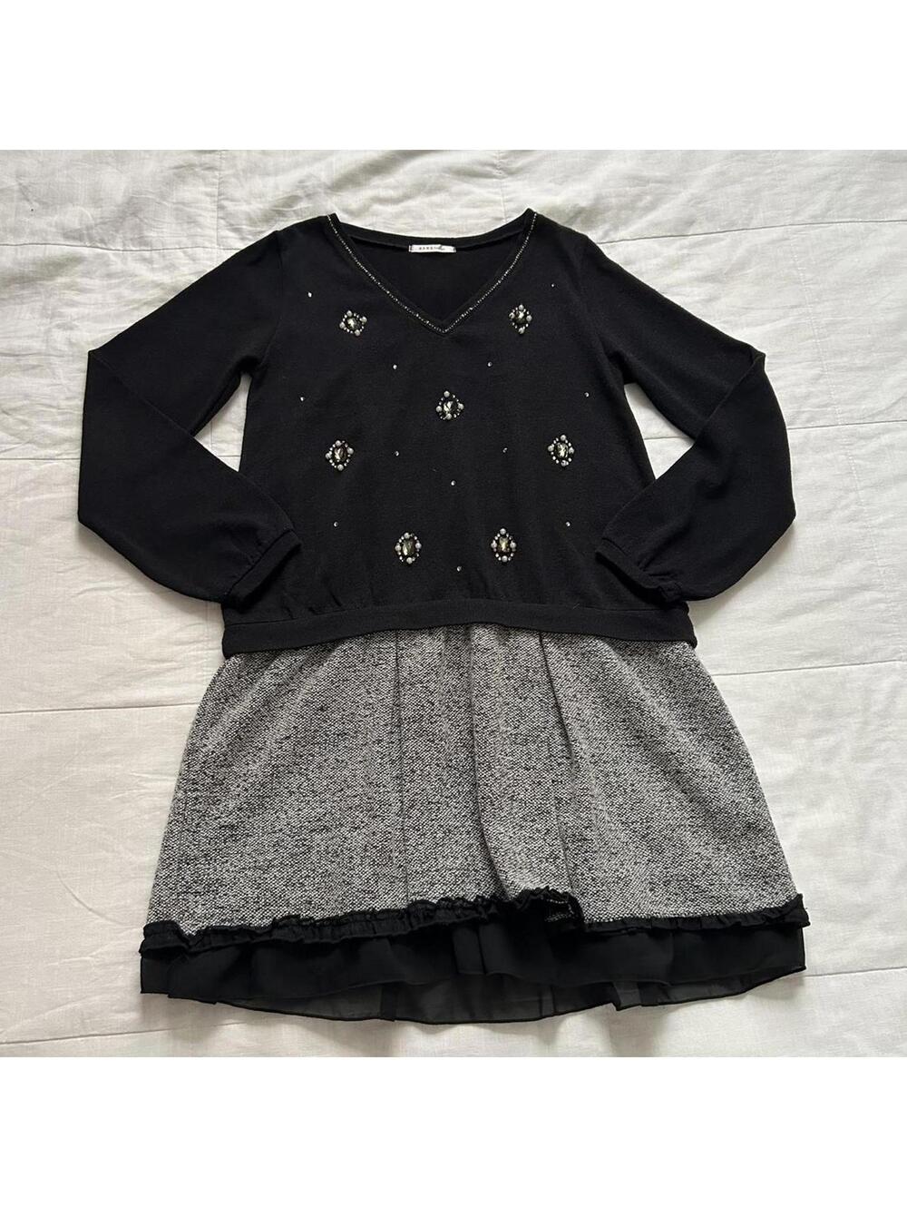 Axes Femme Black Gray Drop Waist Beaded Ruffle Dress M Japan